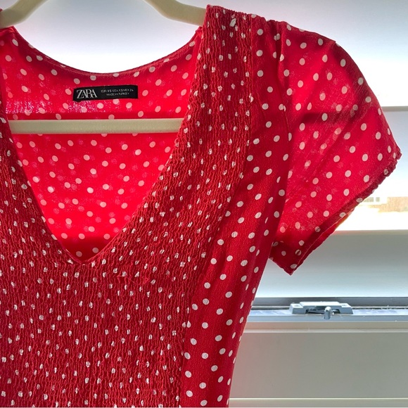 ZARA | Red & White Polka Dot Midi V-Neck Dress | Size XS - Picture 4 of 6